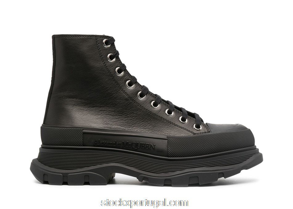 Outlet Alexander McQueen Tread Slick Lace Up Boot Triple Black Leather 627206WHZ621081