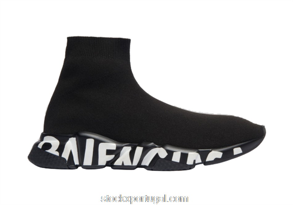 Outlet Balenciaga Speed Graffiti Trainers Black White Logo (W) 605942W05GE1006