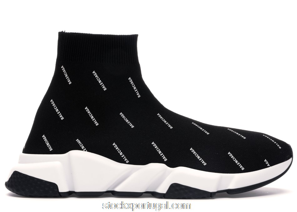 Outlet Balenciaga Speed Trainer Logo Print Black White 506336W06501006