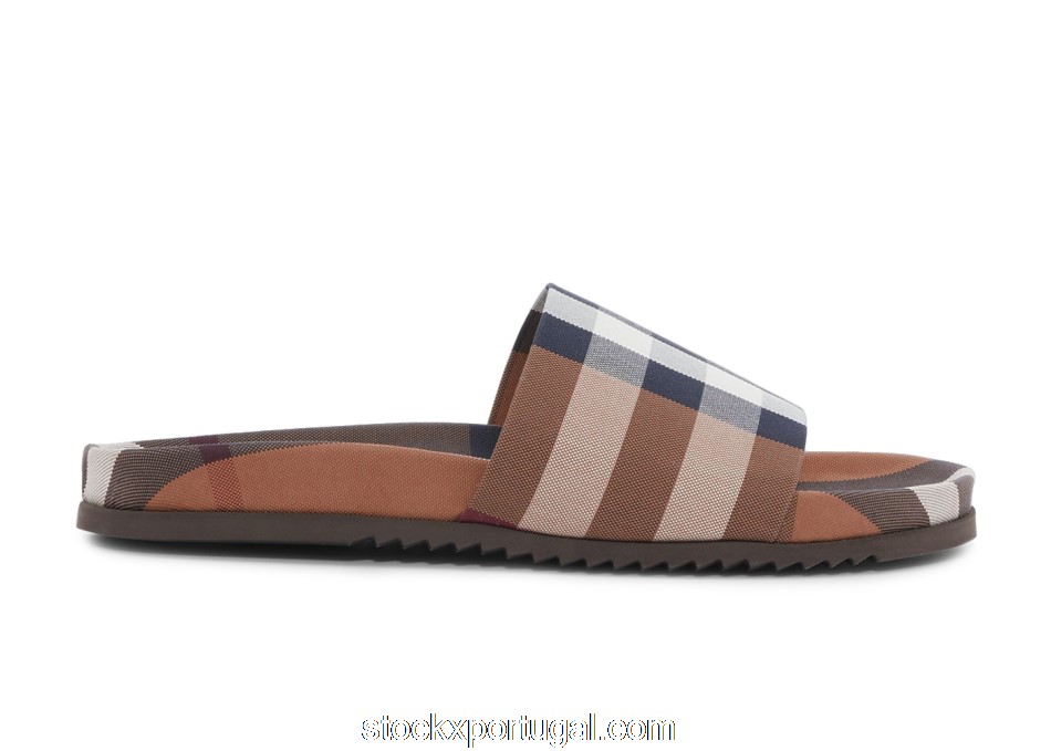 Outlet Burberry Check Cotton Slides Birch Brown 8049018