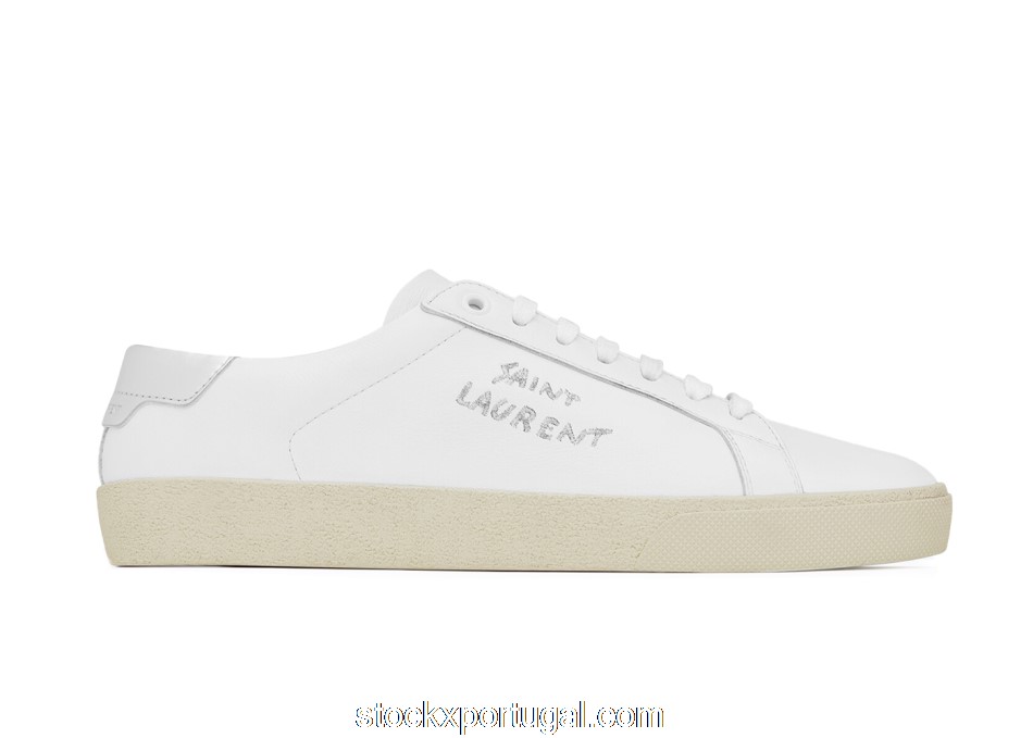 Outlet Saint Laurent Court Classic SL/06 Low Embroidered Metallic White 61135200NA09085